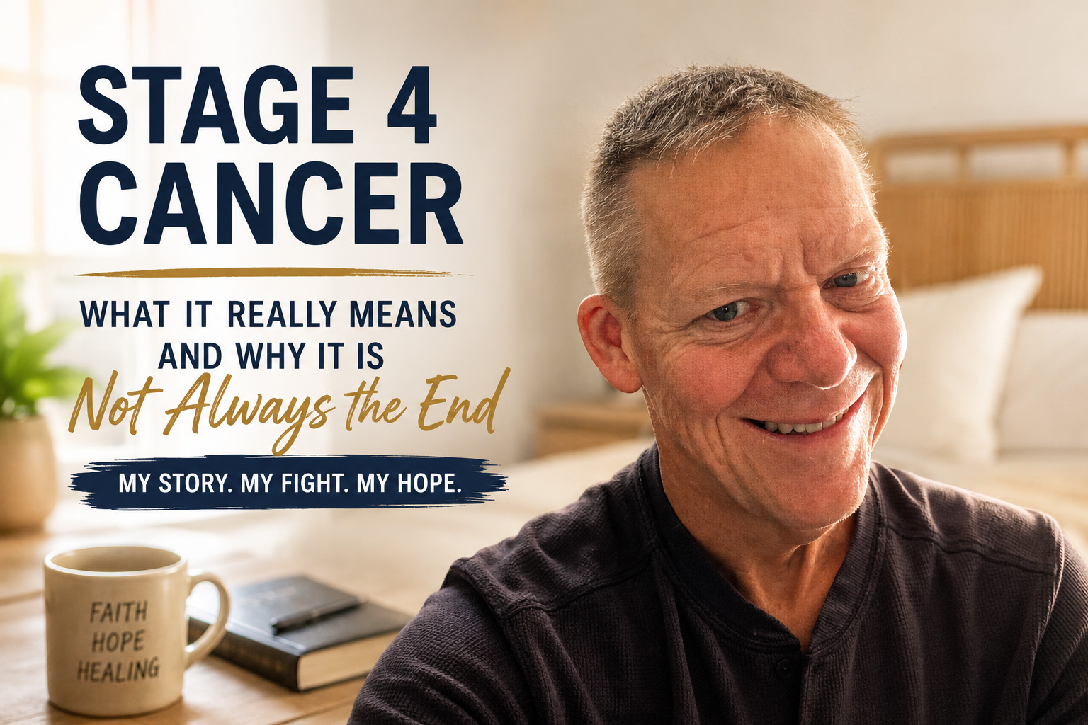 Stage four head and neck cancer survivor Wayne Schlicht smiles confidently in a feature image for an article explaining Stage 4 cancer, metastatic cancer, treatment options, survival, hope, and living beyond a Stage 4 diagnosis.