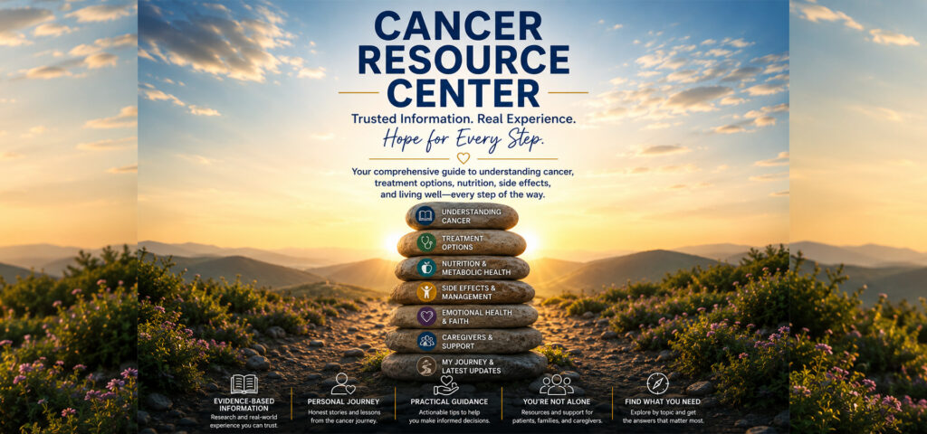 Hero image for the Cancer Resource Center featuring a sunrise over a mountain path and stacked stones representing cancer education, Stage 4 cancer resources, treatment options, nutrition, emotional support, caregivers, and Wayne's Cancer Journey.