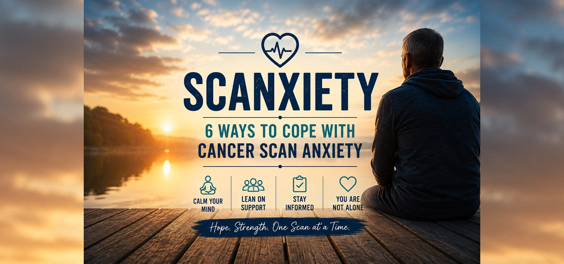 A peaceful sunrise over a lake symbolizes hope as a cancer patient reflects before a scan. The centered text reads "Scanxiety: 6 Ways to Cope With Cancer Scan Anxiety" with calming icons representing relaxation, support, staying informed, and emotional resilience during the cancer journey.