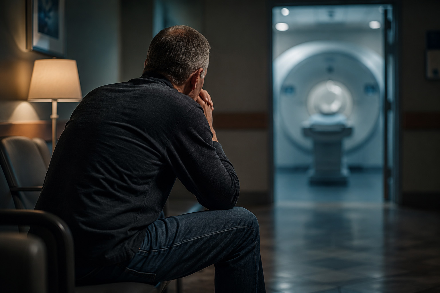 Cancer patient sitting alone in a hospital waiting room before a CT scan, illustrating the fear and anxiety known as scanxiety while awaiting cancer test results.