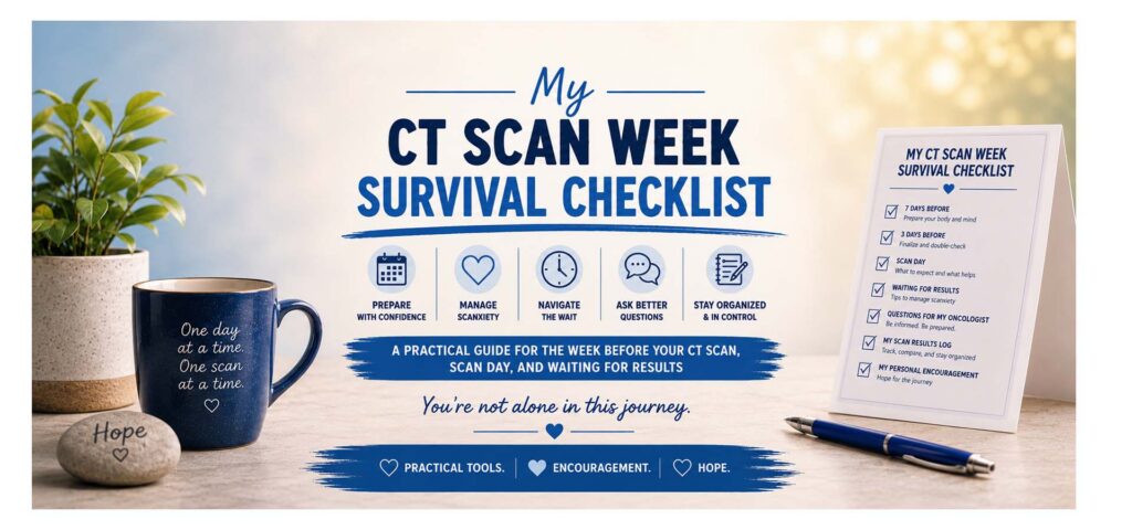 Free My CT Scan Week Survival Checklist download for cancer patients, featuring guidance for CT scan preparation, scanxiety management, waiting for results, questions for your oncologist, and staying organized during scan week.