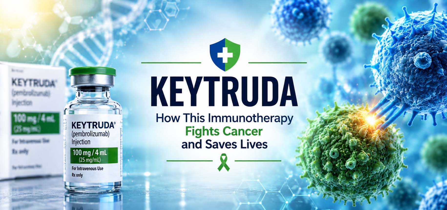 Keytruda uses for cancer treatment, showing pembrolizumab immunotherapy helping the immune system fight cancer cells.