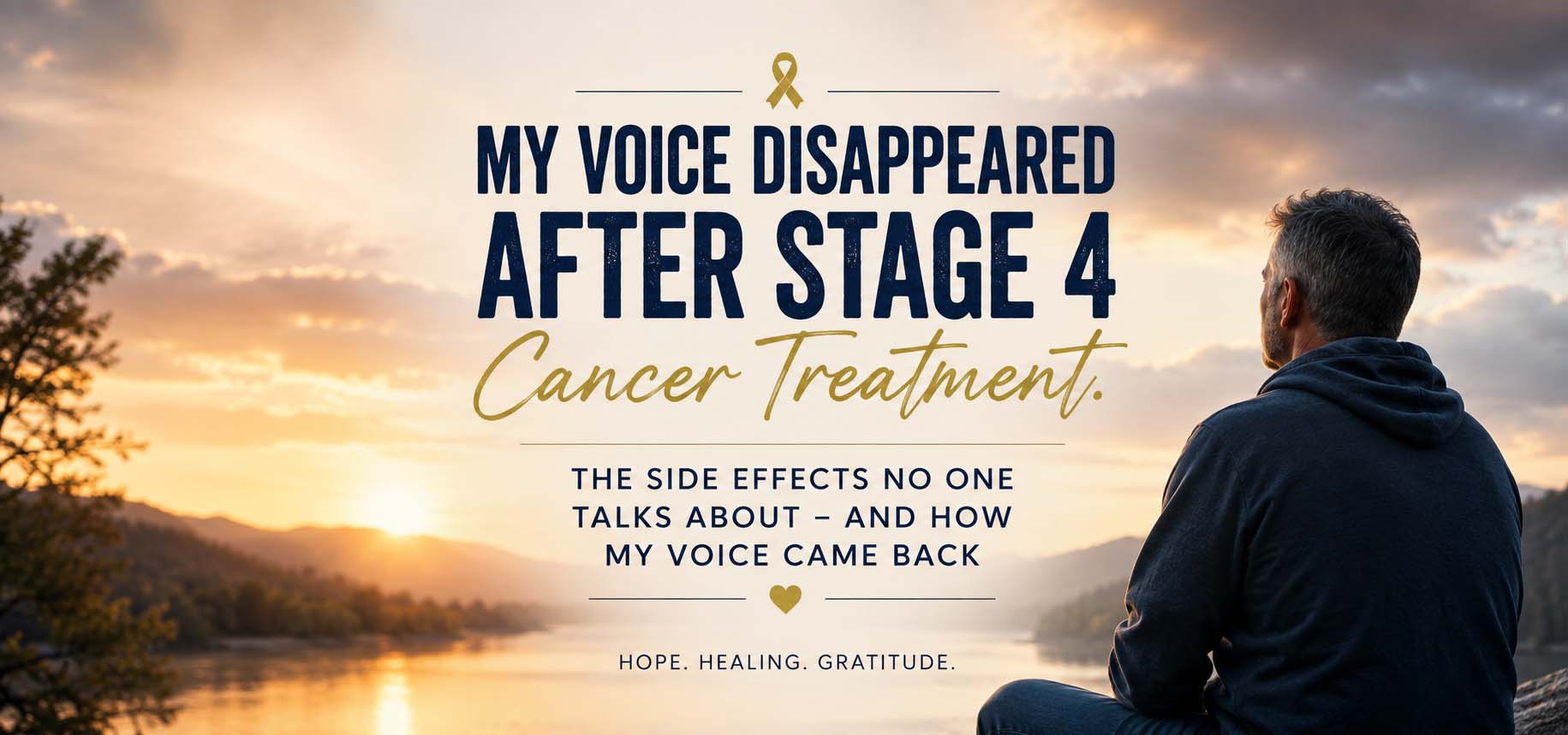 A stage 4 head and neck cancer survivor looks over a peaceful lake at sunrise while reflecting on losing his voice after radiation therapy. The image highlights the article "My Voice Disappeared After Stage 4 Cancer Treatment" and shares hope about recovering a voice after head and neck cancer treatment.