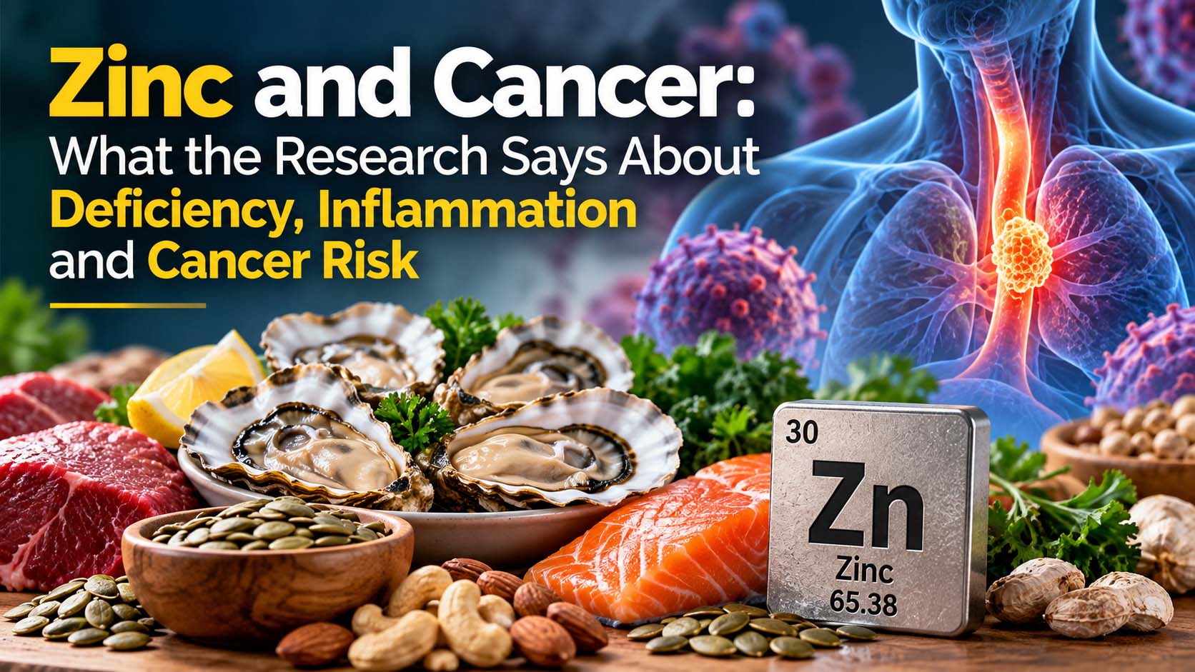 Zinc and cancer research showing zinc rich foods, including oysters, beef, salmon, nuts and seeds, alongside an illustration of inflammation and cancer.